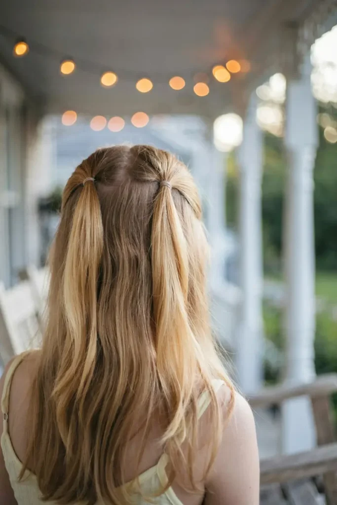 Double half-up pigtails with symmetric center part, porch swing background