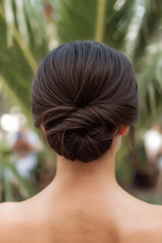 Humidity-proof structured twist bun hairstyle with tight matte finish, outdoor tropical wedding background with palm leaves