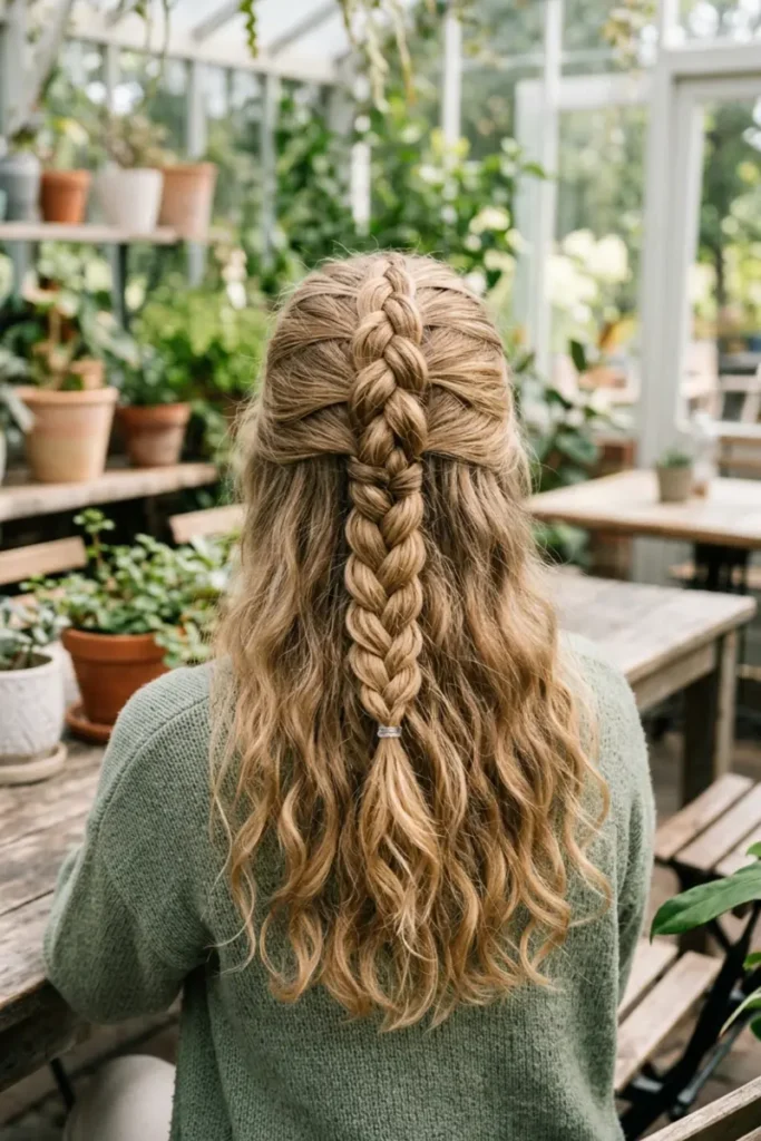 Raised Dutch braid crown section blending into loose wavy hair, greenhouse background