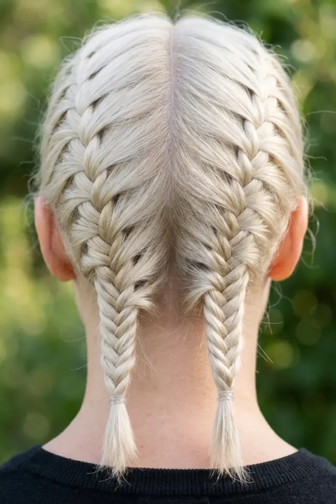Two symmetrical thin-strand fishtail braids tied close to the head
