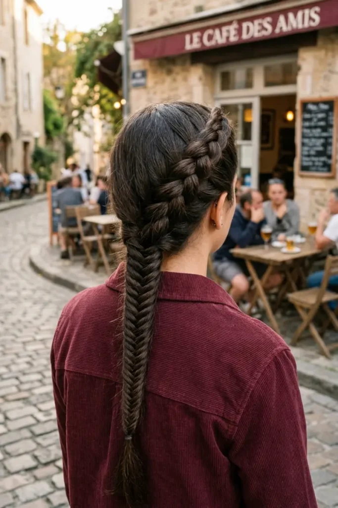 Dutch braid transitioning seamlessly into fishtail braid texture, cafe street background