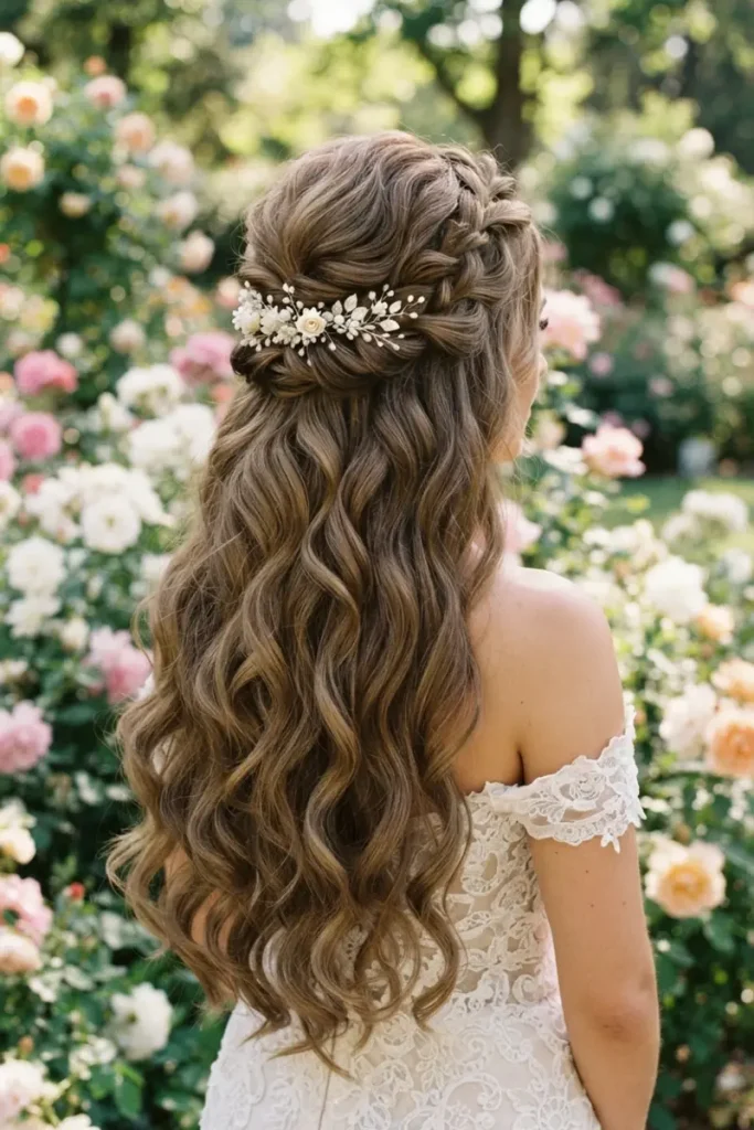 Extension-blended half-up wedding hairstyle with long voluminous waves and seamless crown blend, rose garden background