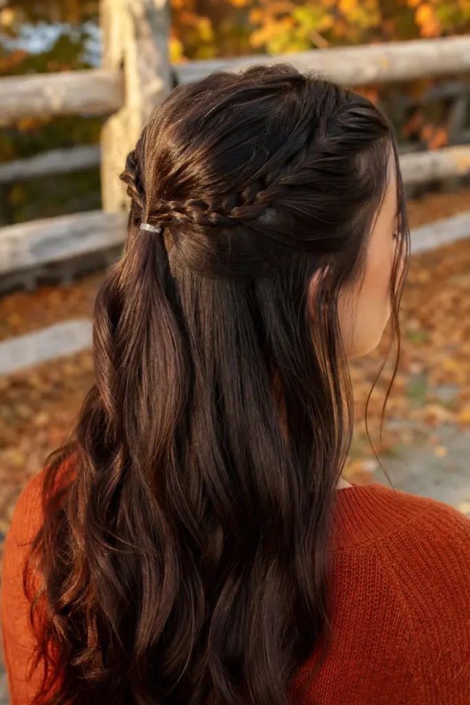 Face-framing braids from both temples gathered into half-up style, autumn fence background