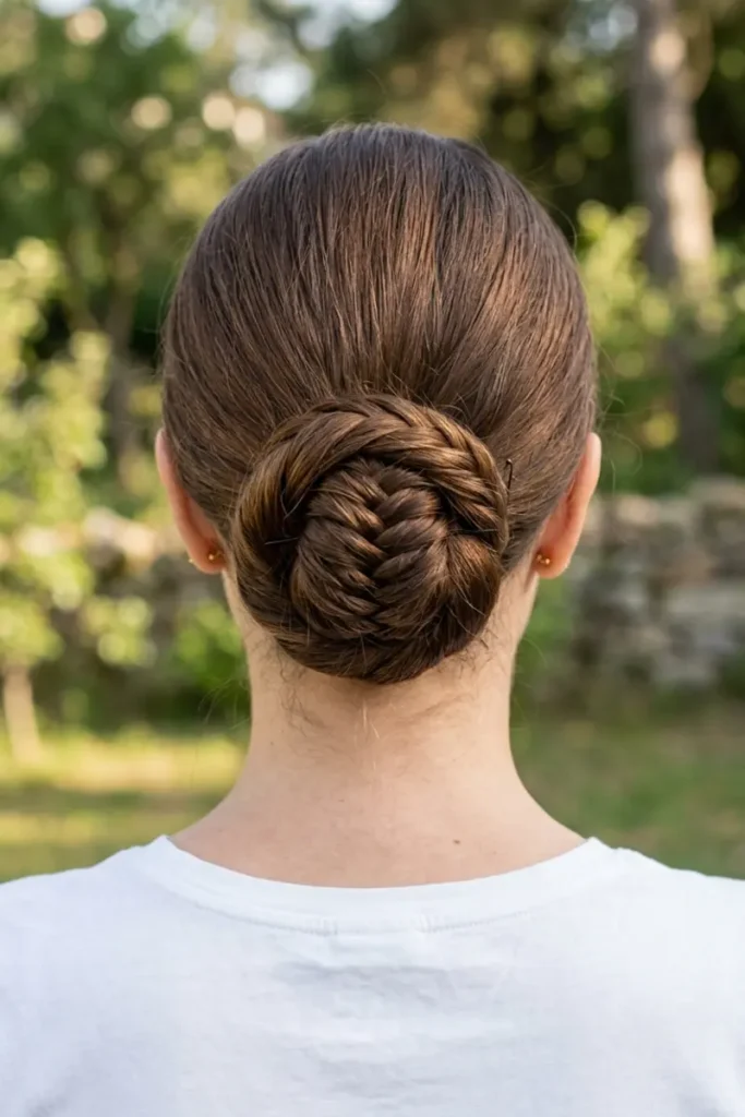 Tightly woven fishtail braid coiled into a smooth compact bun