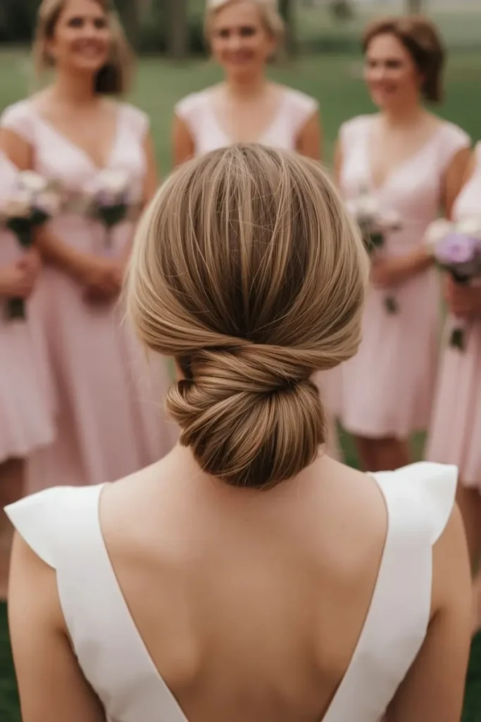 Bridal-party match-ready simple twist-and-pin low bun hairstyle, matching bridesmaids in blush dresses in background