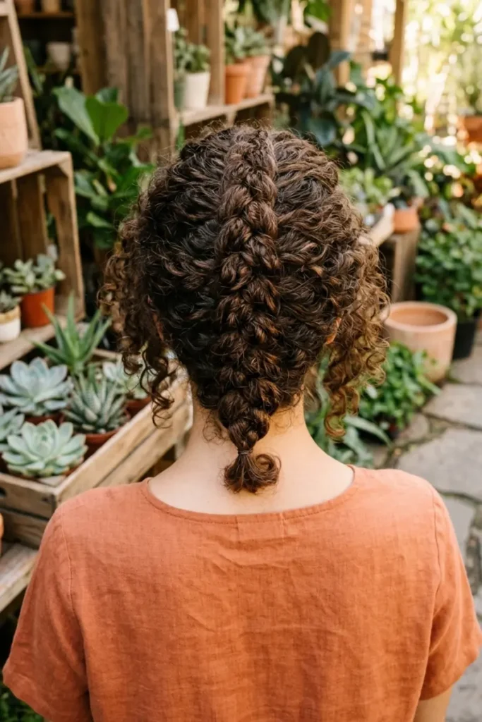 Raised Dutch braid on natural curly hair blending with curl pattern, plant nursery background