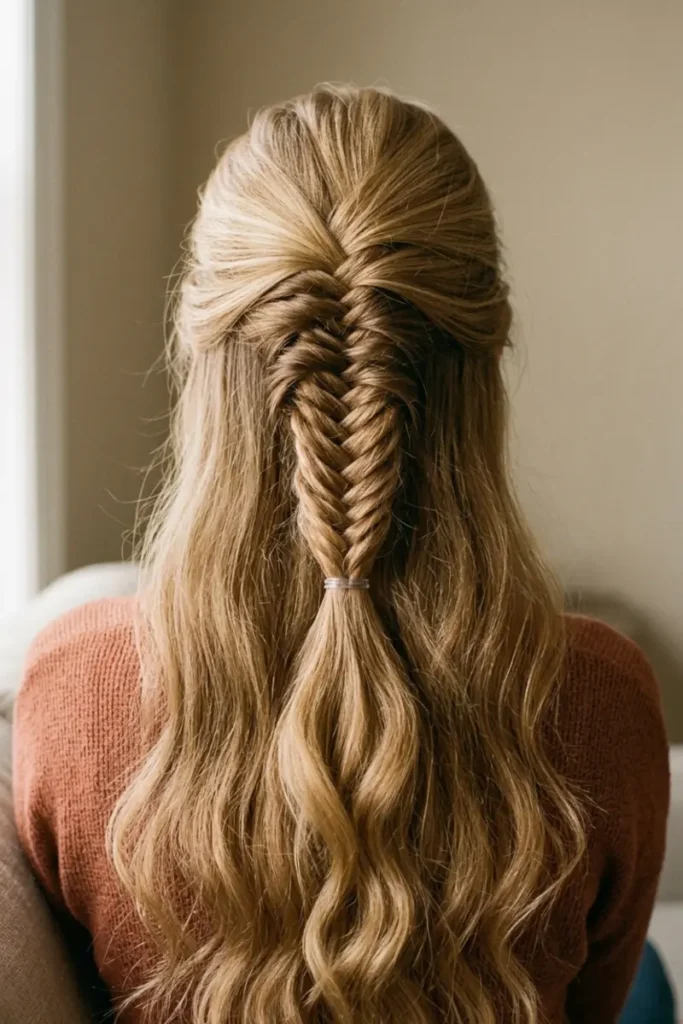 Half-up fishtail braid at the crown with loose waves below