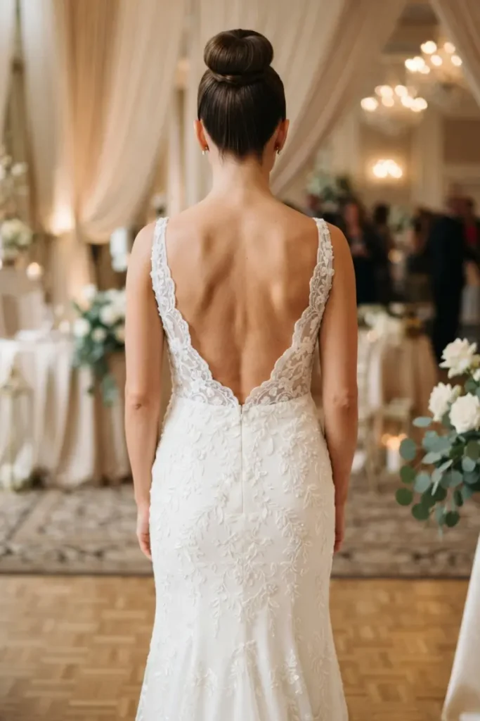 Low-back dress nape bun positioned high to leave the open-back gown fully visible, elegant ballroom background