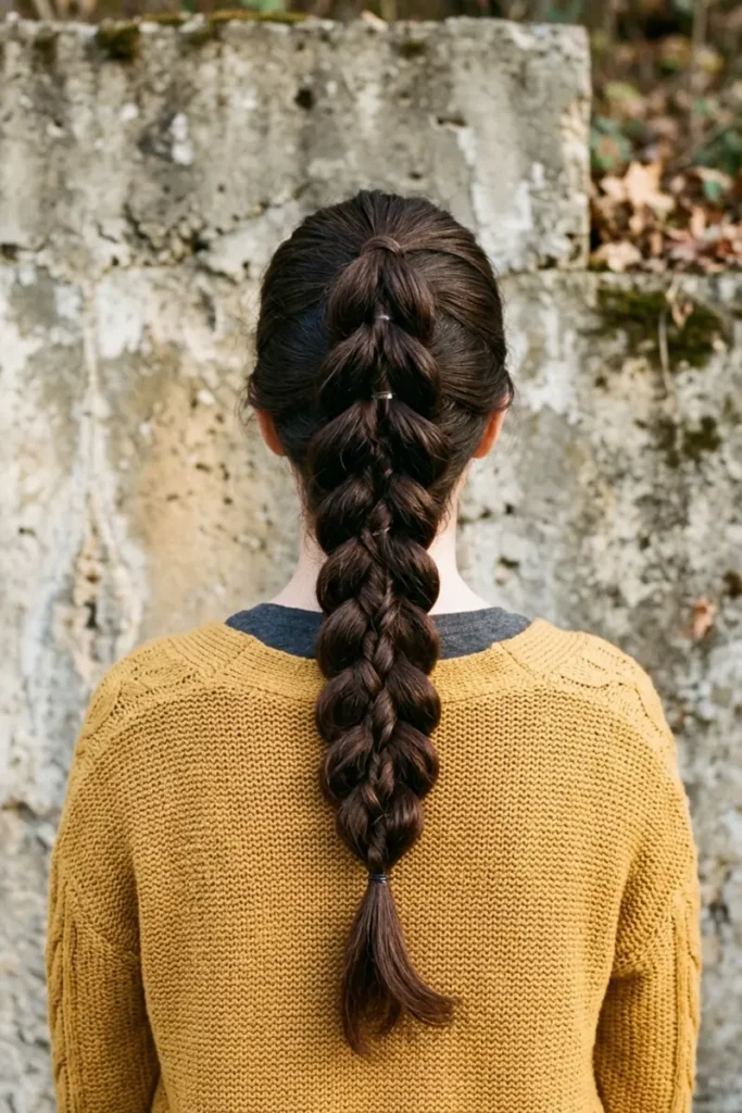 Chunky pull-through braid made from alternating ponytail sections