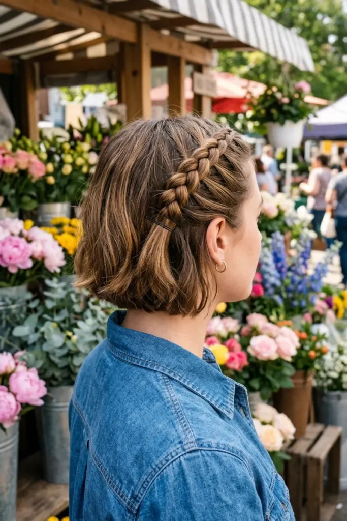 Compact Dutch braid on short jaw-length hair, tail pinned flat, flower market background