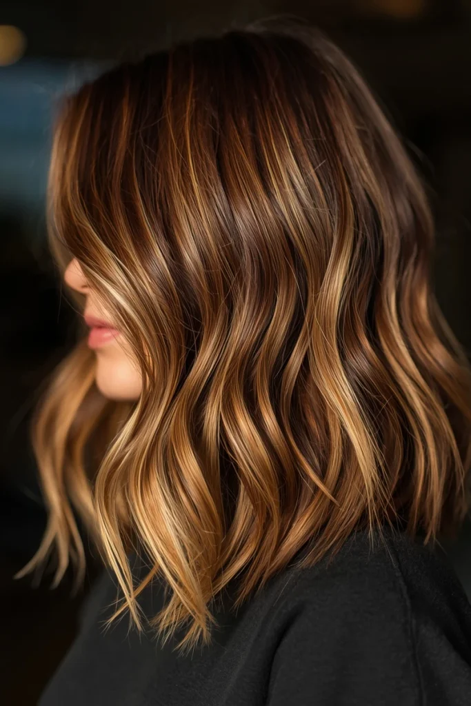 Caramel highlights on dark brown hair, side profile