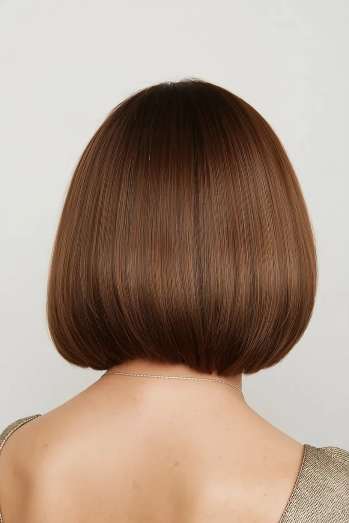Classic blunt bob haircut with clean straight line, back view