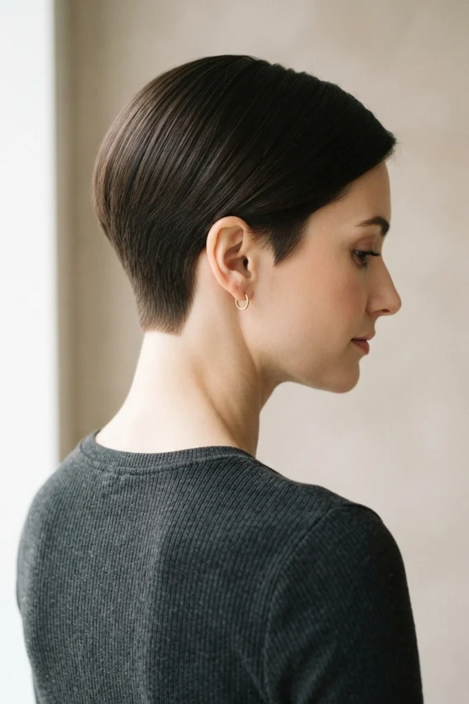 Classic pixie crop haircut with close-cropped sides, side profile