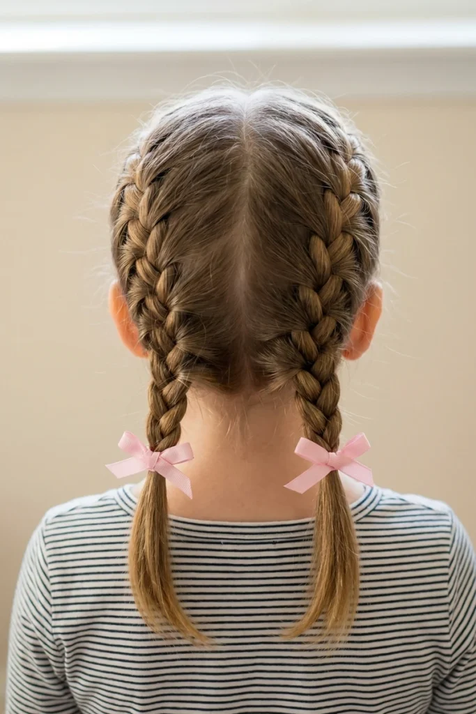 French-braided pigtails from crown to nape with pink ribbon bows, back view