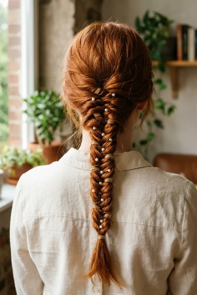 Fishtail braid with gold cuffs and pearls woven into the strands