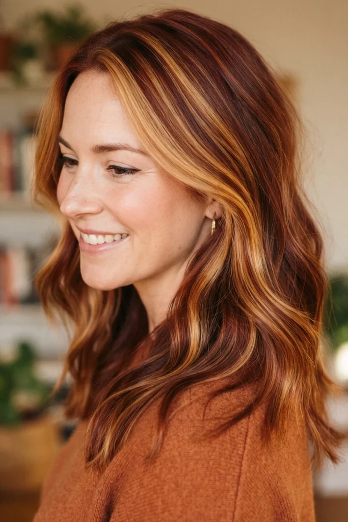 Golden blonde highlights on dark red ginger hair, side profile