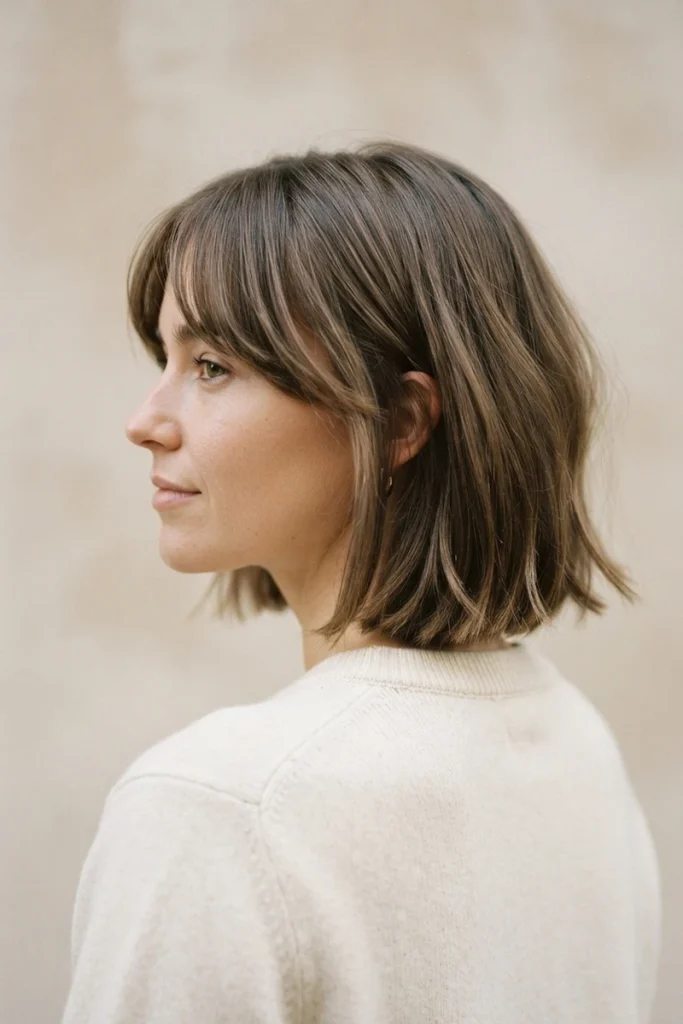 Bob haircut with curtain bangs framing the face, side profile