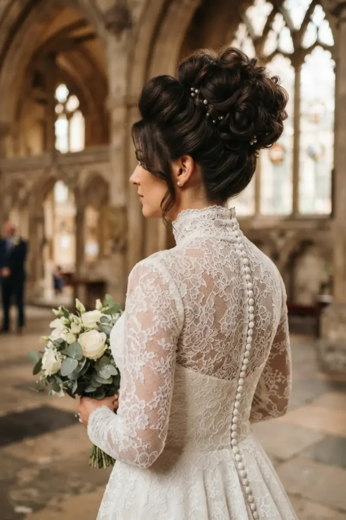 High-neckline crown updo with significant height, paired with structured high-necked lace wedding gown, cathedral venue background