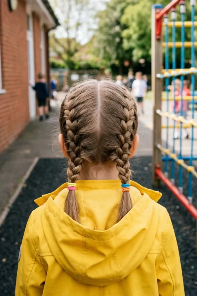 Even Dutch braid pigtails on child, low braids with colorful ties, school playground background
