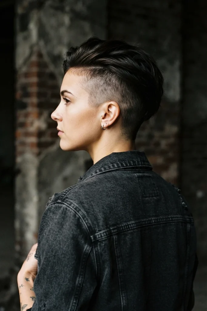 High-contrast undercut pixie haircut with shaved sides, side profile