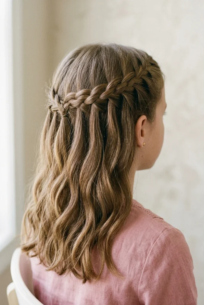 Waterfall braid with cascading strands into wavy hair, back view