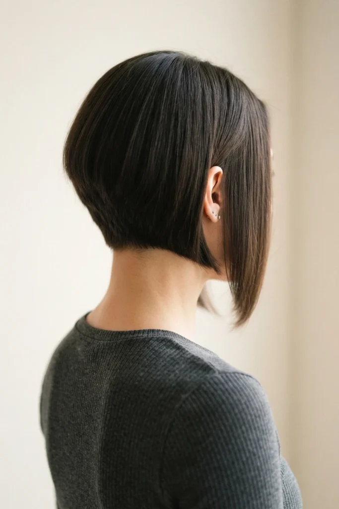 Asymmetrical bob haircut with one side shorter than the other, back view