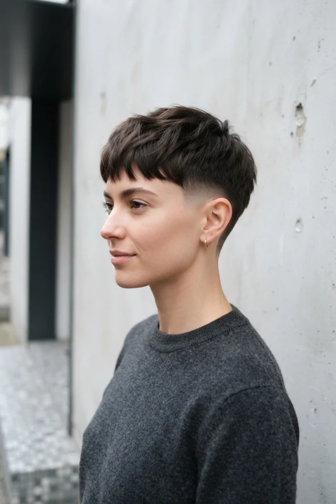 French crop haircut with soft fade taper and textured fringe, side profile