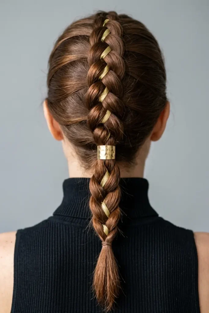 Dutch braid threaded with gold ribbon and metal cuff, raised texture visible