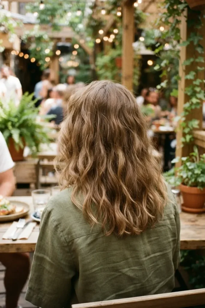 Second-day undone re-style with soft, irregular wavy texture, casual outdoor brunch venue background with string lights