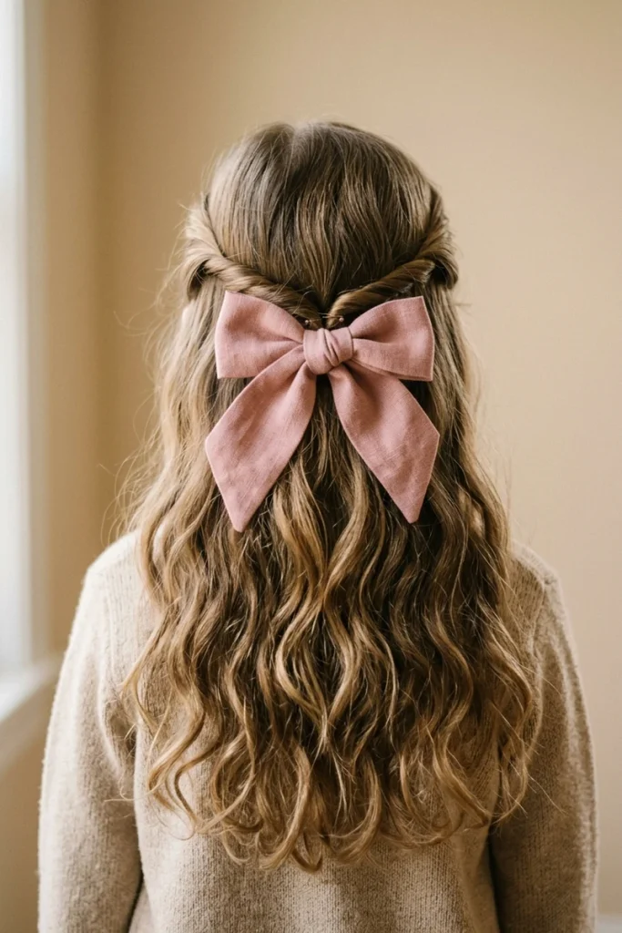 Twisted half-up hairstyle with statement pink bow, loose wavy hair, back view
