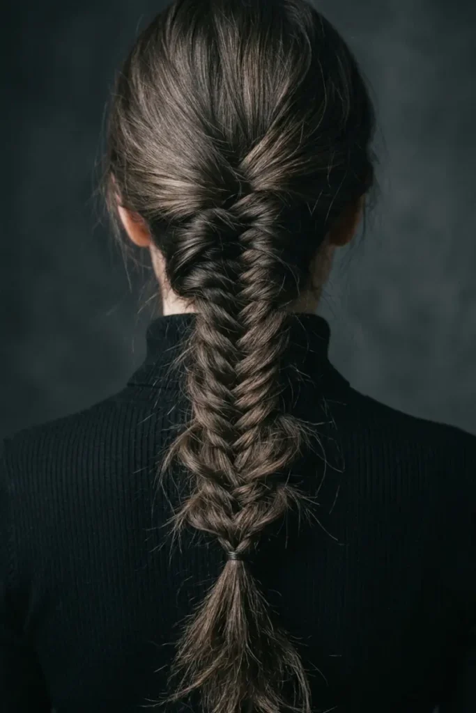 Fishtail braid pulled apart at the edges for an undone editorial texture