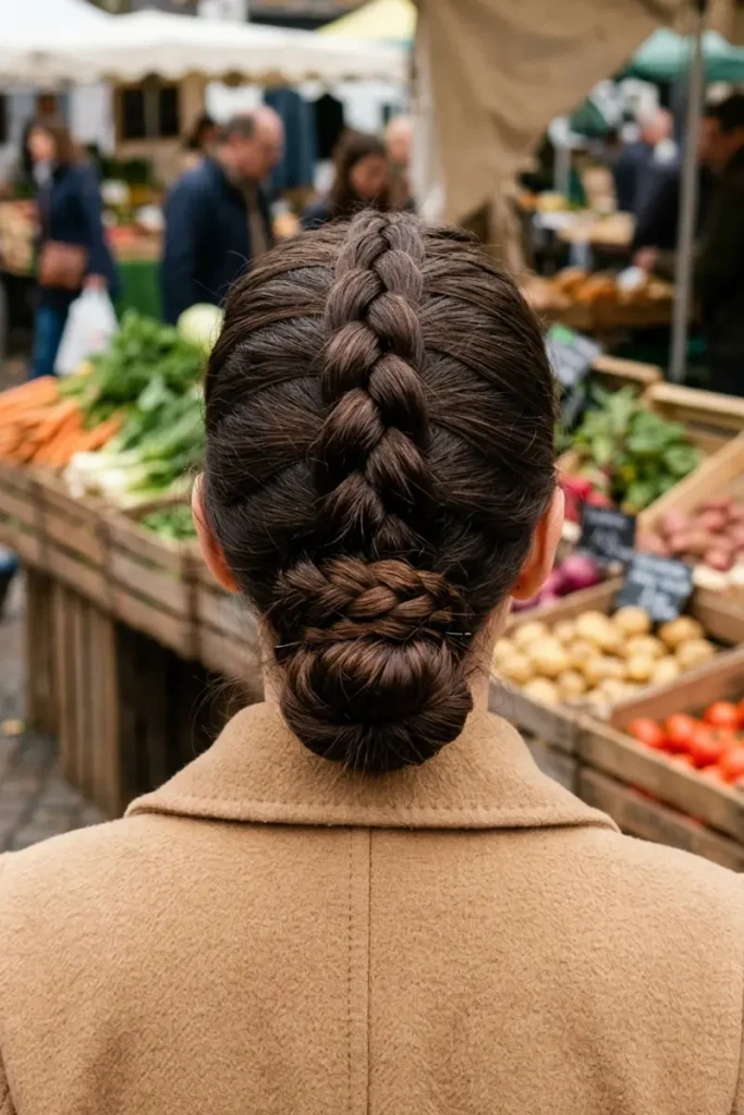 Dutch braid tail wrapped into low bun with visible transition, farmers market background