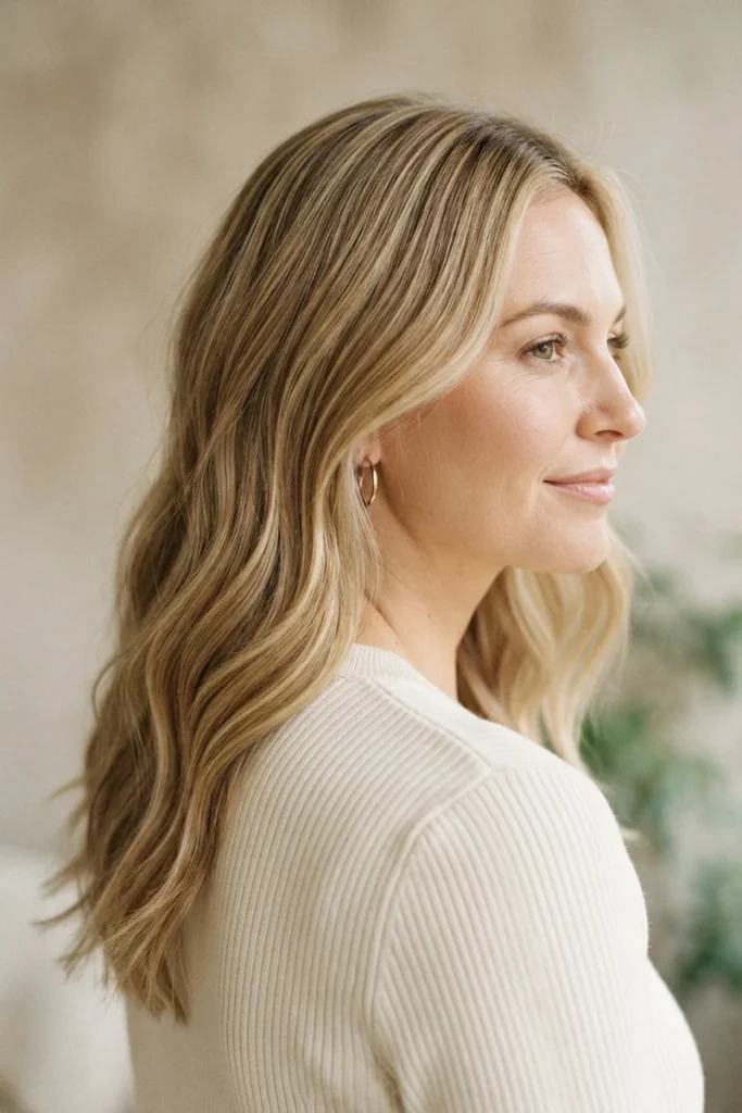Dimensional balayage with lowlights and highlights on blonde hair, side profile