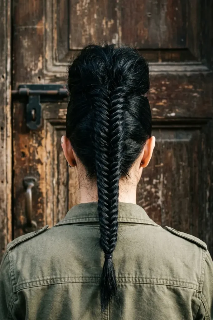 Fishtail faux hawk with teased raised crown and center-back braid