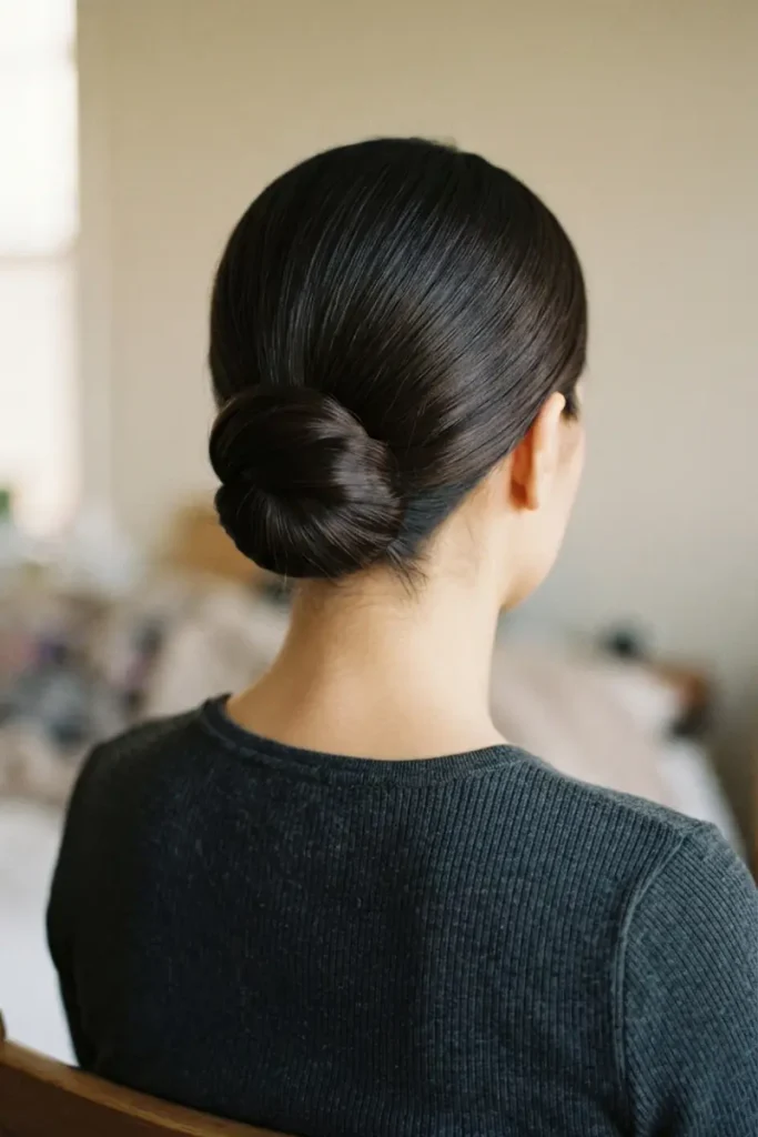 Head-covering-compatible low twist hairstyle sitting flat and close to the head with no crown volume, soft neutral indoor background