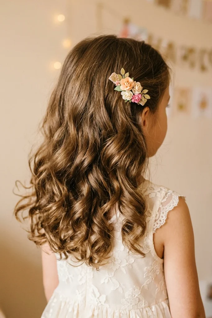 Loose voluminous curls with colorful flower hair clip, festive party feel, back view