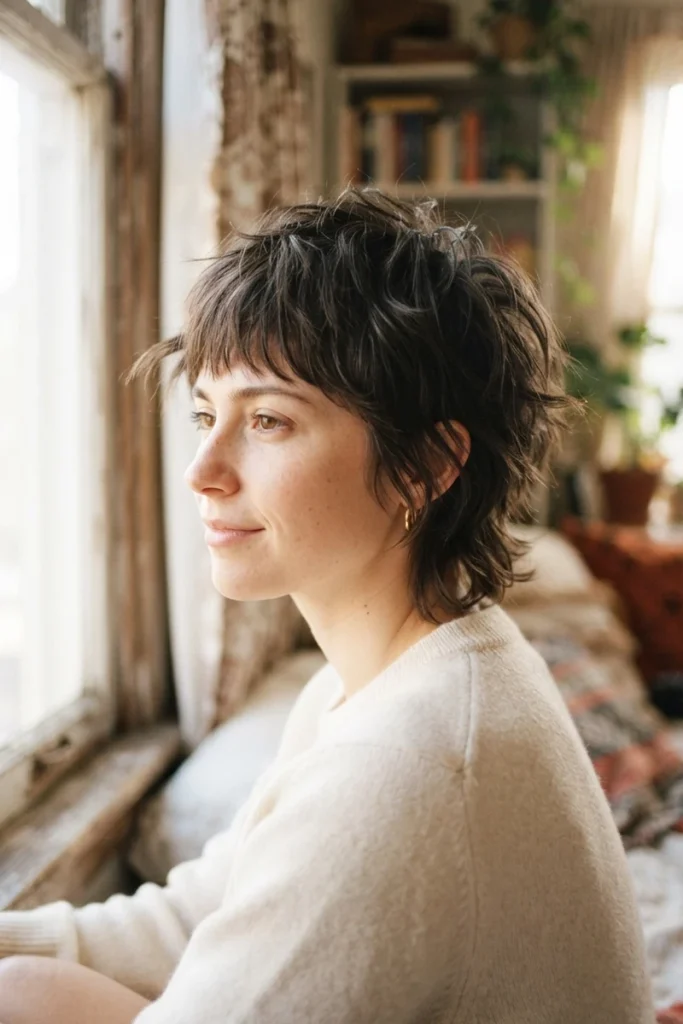 Shaggy wash-and-go pixie haircut with uneven layers, side profile