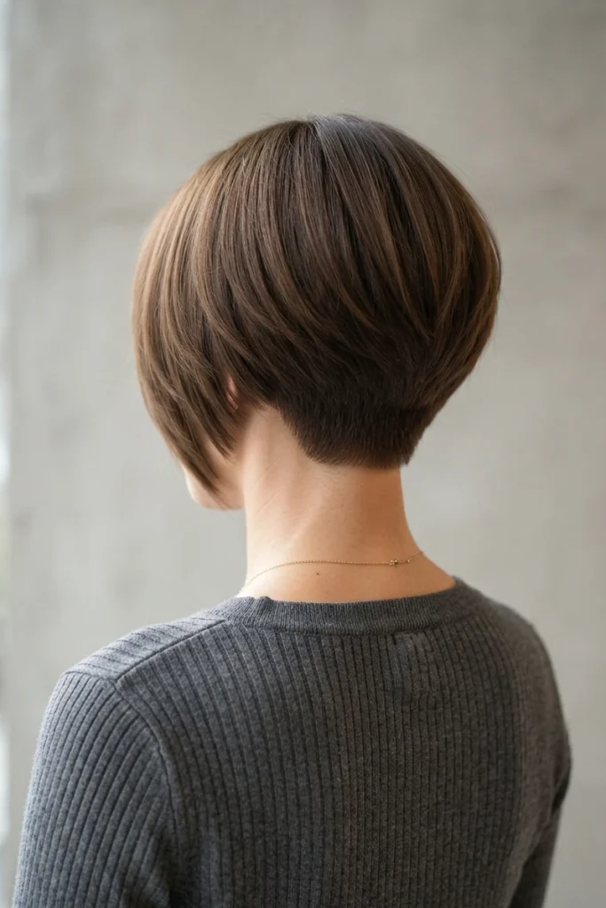 Stacked inverted bob haircut with graduated layers, back view