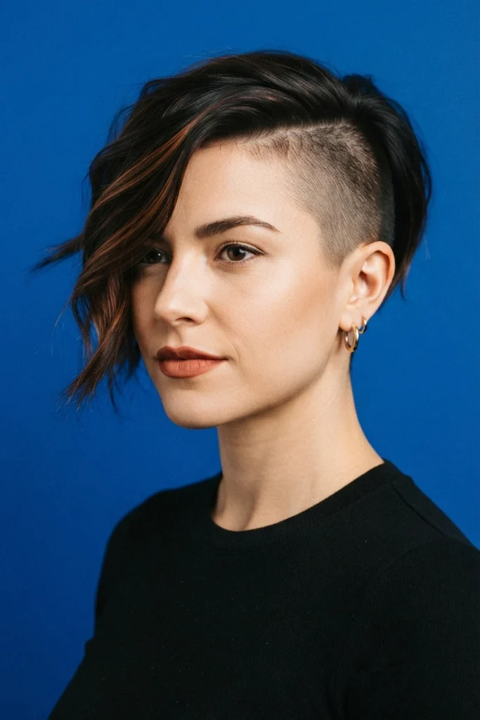 Asymmetrical pixie haircut with one side shaved and the other longer, three-quarter view