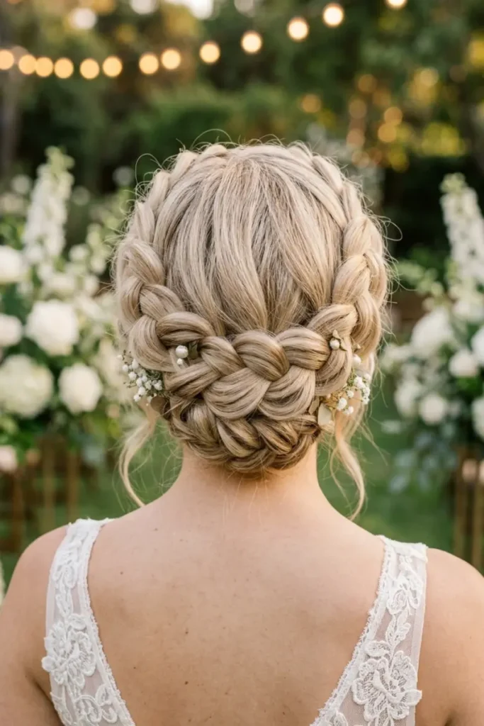 Bridal Dutch braid crown with twisted sections and floral accents, garden venue background