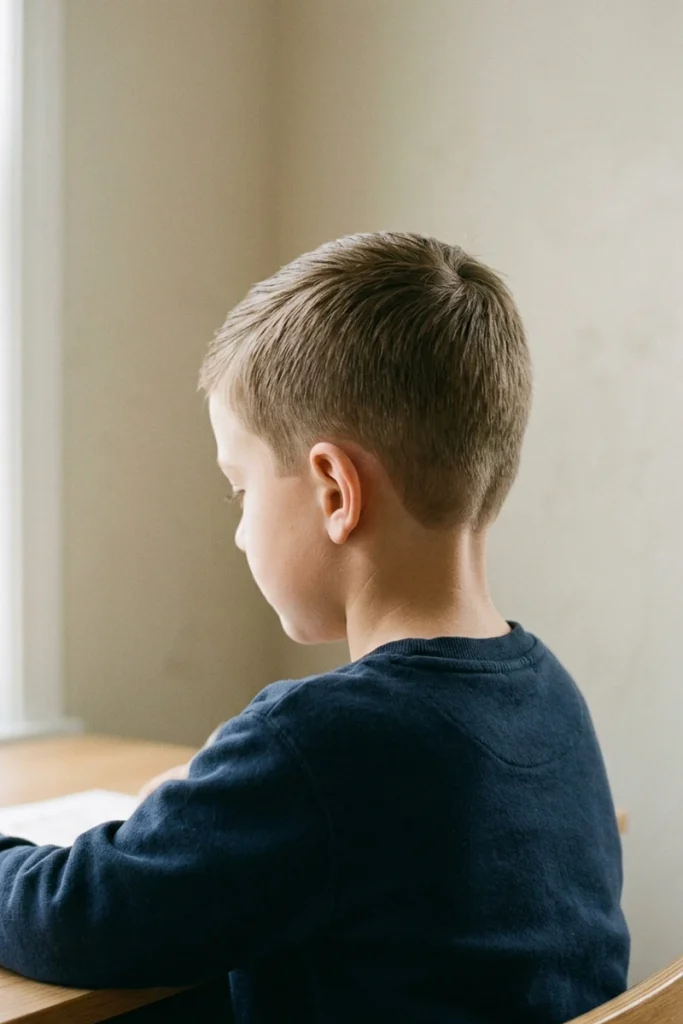Classic crew cut haircut on young boy, short tapered sides, side profile
