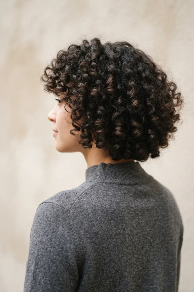 Curly bob haircut with defined coils, back view