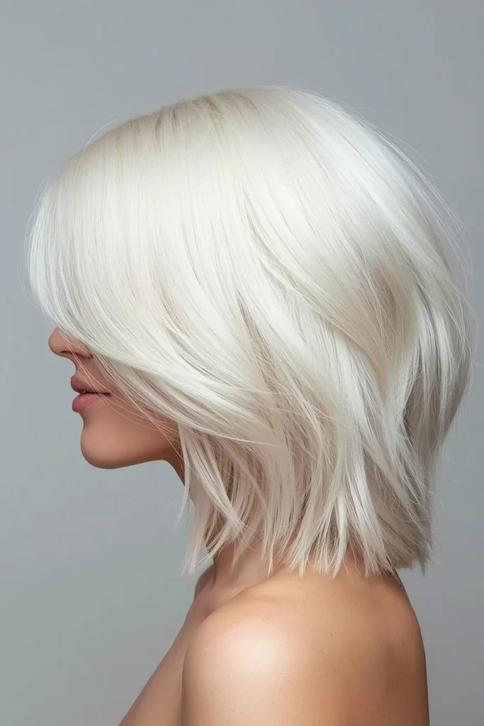 All-over platinum blonde hair color, side profile