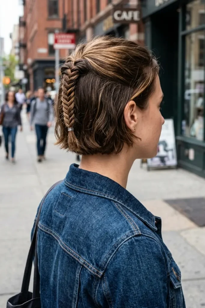 Small fishtail braid on chin-length short hair starting near the crown