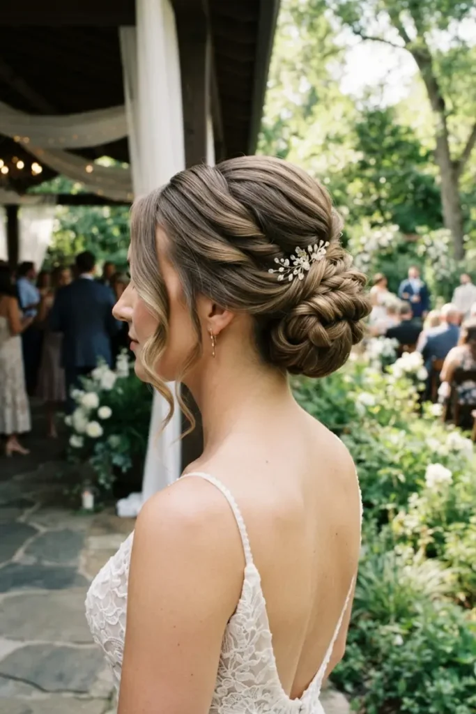 Weather-contingency adaptive updo with a structured tight base and soft loose face-framing pieces, covered pavilion venue background
