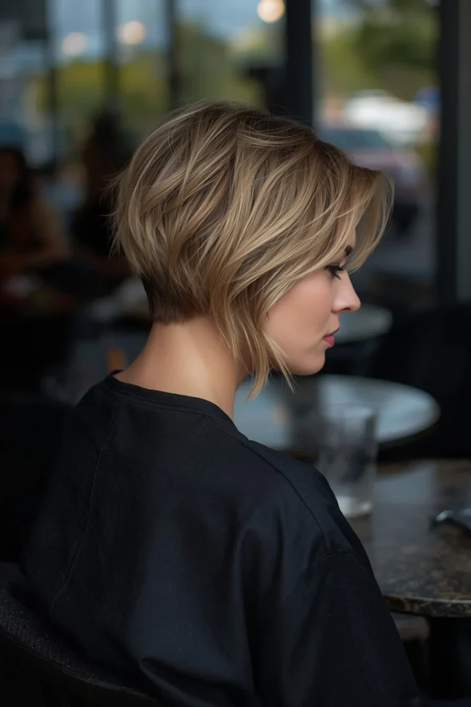 Bixie haircut with textured ends between pixie and bob length, side profile