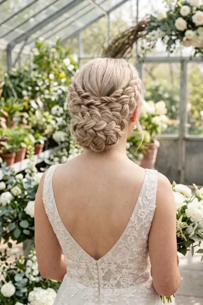 Full waterfall braid crown with pancaked twisted sections, bridal updo with tucked finish
