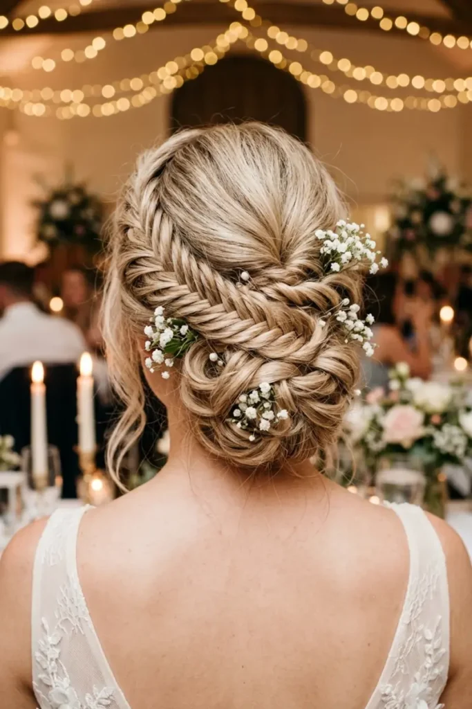 Bridal fishtail updo with multiple coiled sections and baby's breath flowers