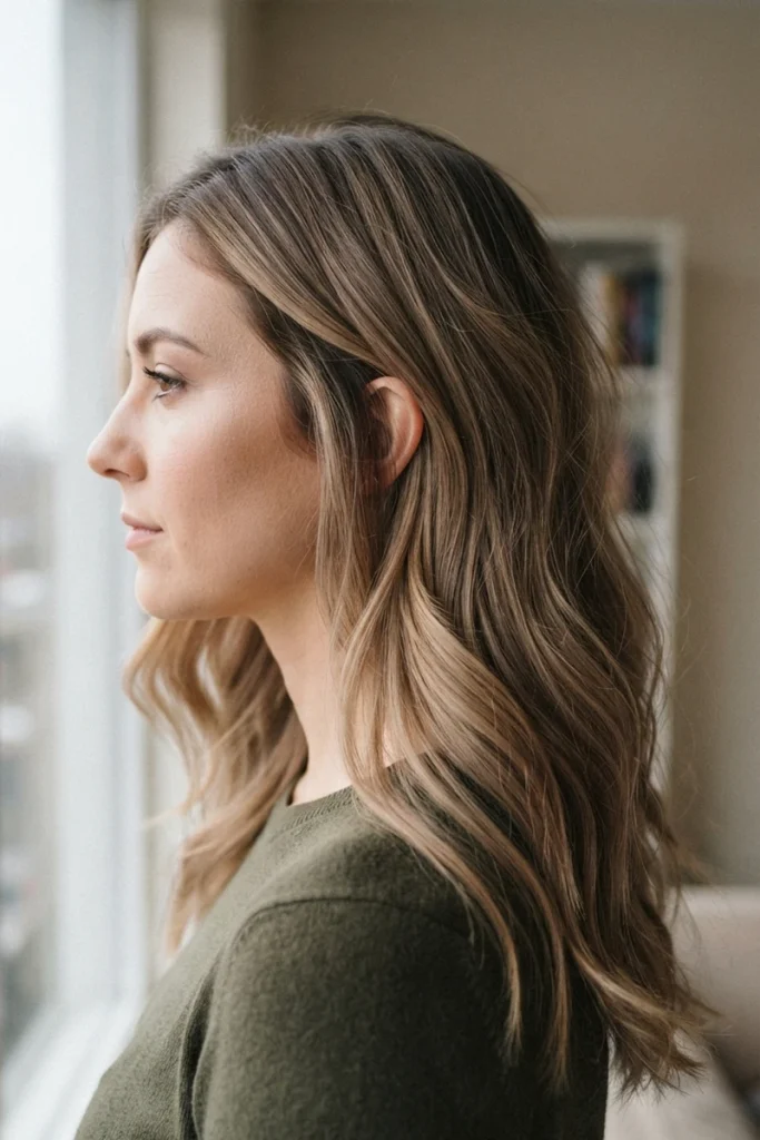 Bronde hair color blend of brown and blonde tones, side profile