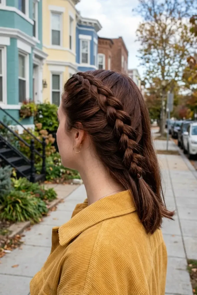 Diagonal raised Dutch braid from temple to shoulder, colorful row houses background